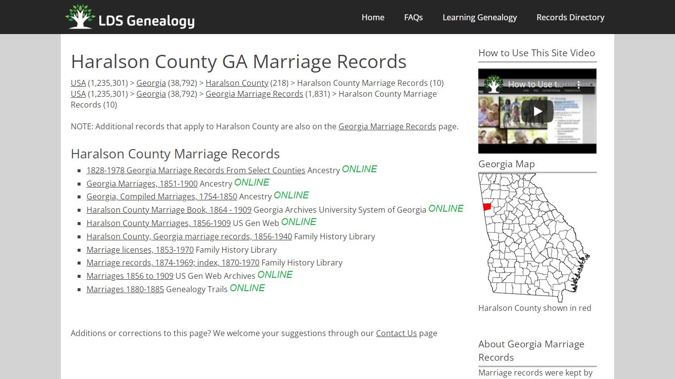 Haralson County GA Marriage Records - LDS Genealogy